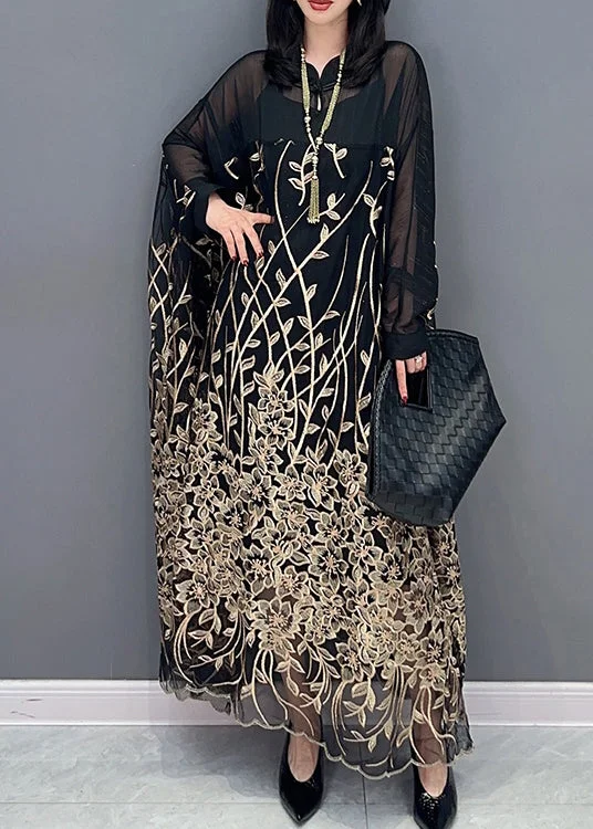 Amazing Deals elegant evening dressClassy Black Stand Collar Embroideried Button Tulle Maxi Dress Long Sleeve