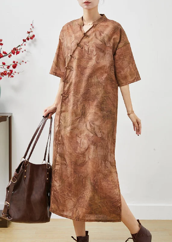 Hurry In comfy dressKhaki Tie Dye Linen Long Dresses Chinese Button Summer