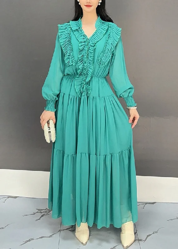 Extra Savings chic shift dressGreen Ruffled Patchwork Chiffon Fall Maxi Dress V Neck