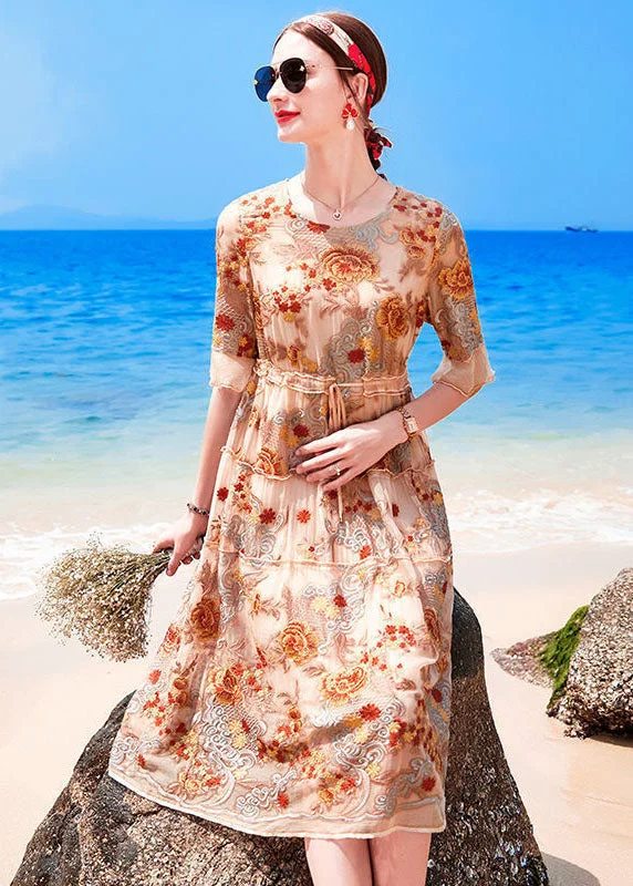 elegant dressHandmade Apricot O-Neck Embroideried Ruffled Silk Cinch Dresses Short Sleeve