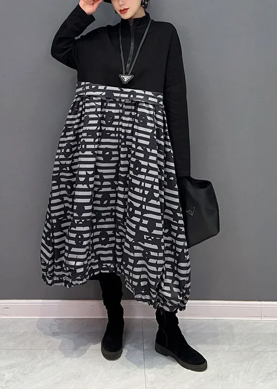 Final Markdown summer dressBoutique Black Zip Up Patchwork Print Long Dress Spring