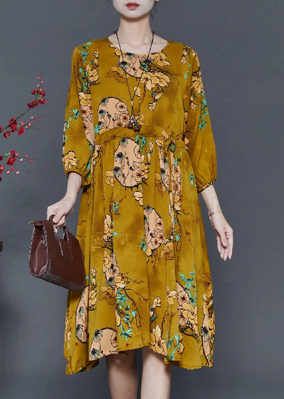 floral wrap dressFrench Yellow Cinched Print Chiffon Dresses Summer