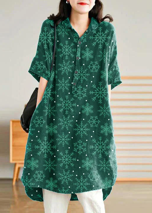 A-line dressJade dark green-snowflake Linen Women Casual Linen Shirt Dress