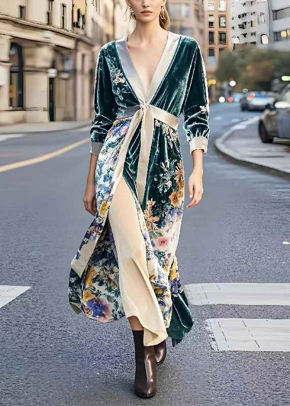 off-the-shoulder dressBeautiful Peacock Green Cinched Print Side Open Silk Velvet Dresses Spring