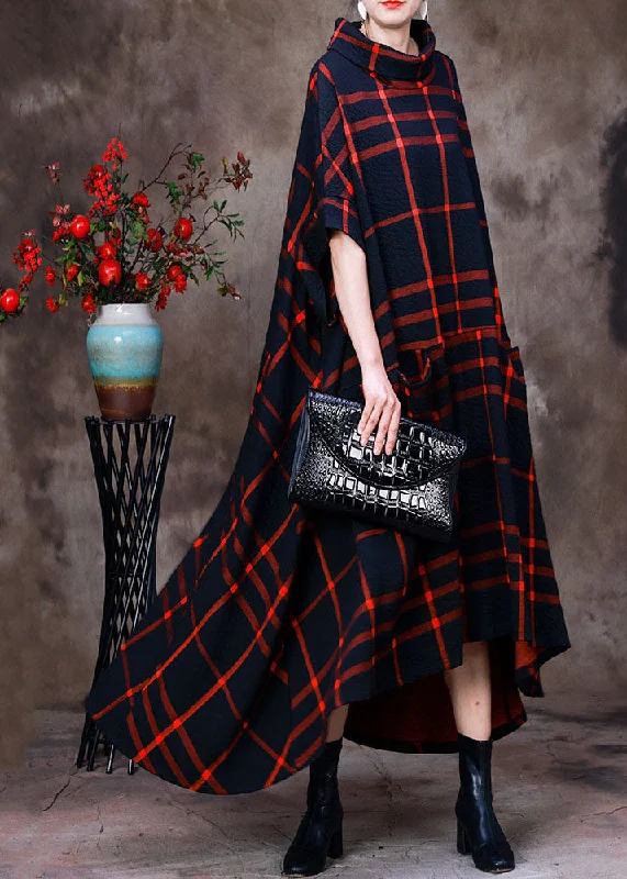 Mega Sale casual evening dressRed Plaid Cotton Long Dress Asymmetrical Design Pockets Short Sleeve Mega Sale casual evening dressRed Plaid Cotton Long Dress Asymmetrical Design Pockets Short Sleeve