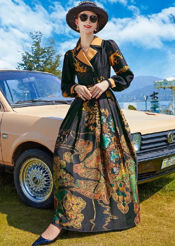 Deal of the Day tiered dressFine Black Notched Collar Print Silk Cinch Dresses Spring Deal of the Day tiered dressFine Black Notched Collar Print Silk Cinch Dresses Spring