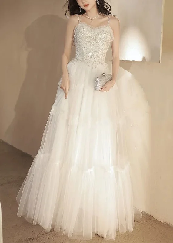 Limited Time Discount A-line dressElegant White Ruffled Sequins Tulle Spaghetti Strap Dress Sleeveless Limited Time Discount A-line dressElegant White Ruffled Sequins Tulle Spaghetti Strap Dress Sleeveless
