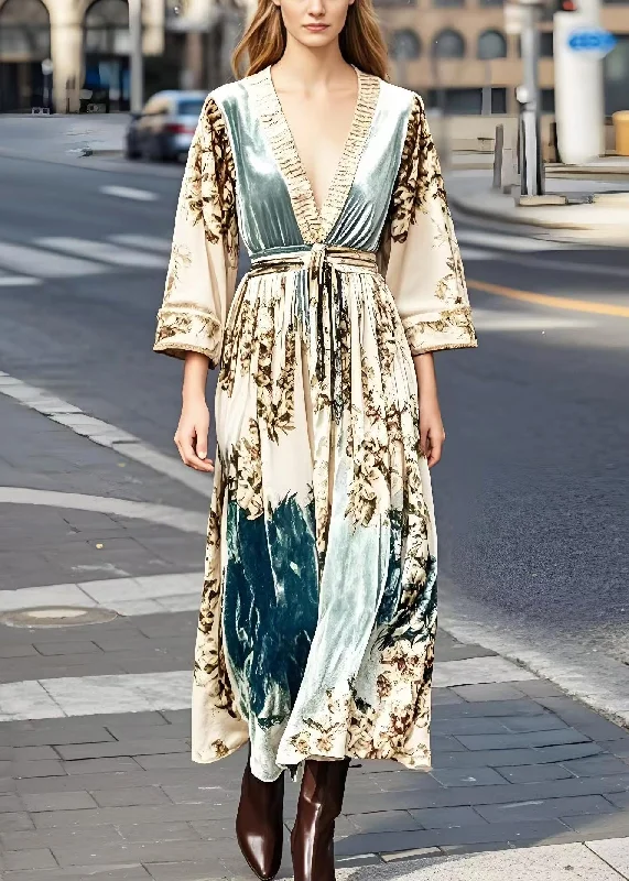 trendy dressBeautiful Apricot Print Exra Large Hem Silk Velvet Vacation Dresses Spring