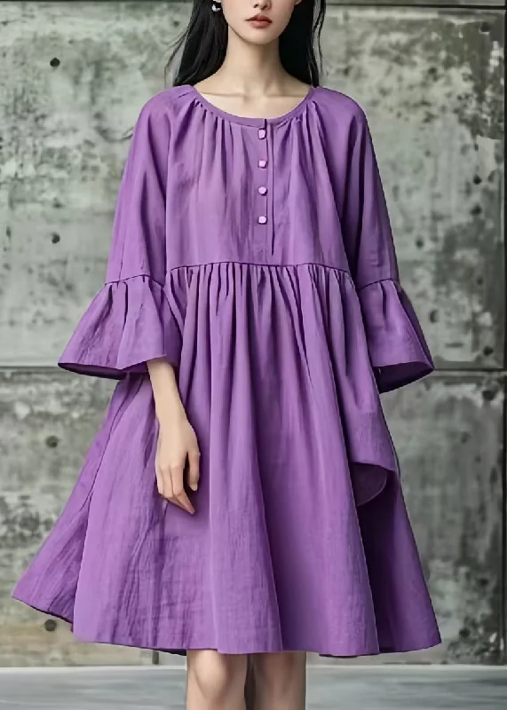 Exclusive Offers ruched dressWomen Purple Oversized Cotton Mid Dresses Flare Sleeve