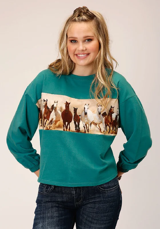 chic wool coatRoper Womens Running Horses Blue 100% Cotton Sweatshirt