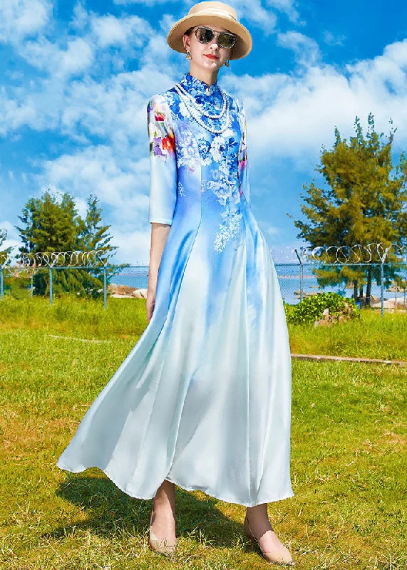 Best Seller ruffle dressVintage Sky Blue Stand Collar Print Exra Large Hem Silk Dress Cheongsam Bracelet Sleeve Best Seller ruffle dressVintage Sky Blue Stand Collar Print Exra Large Hem Silk Dress Cheongsam Bracelet Sleeve