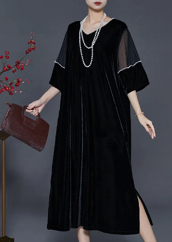 Online Only casual knit dressWomen Black Oversized Patchwork Nail Bead Silk Velvet Dress Spring Online Only casual knit dressWomen Black Oversized Patchwork Nail Bead Silk Velvet Dress Spring