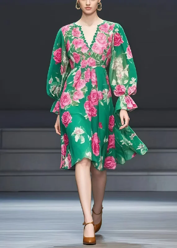 flowy dressBeautiful Green V Neck Floral Print Chiffon Tea Dress Fall