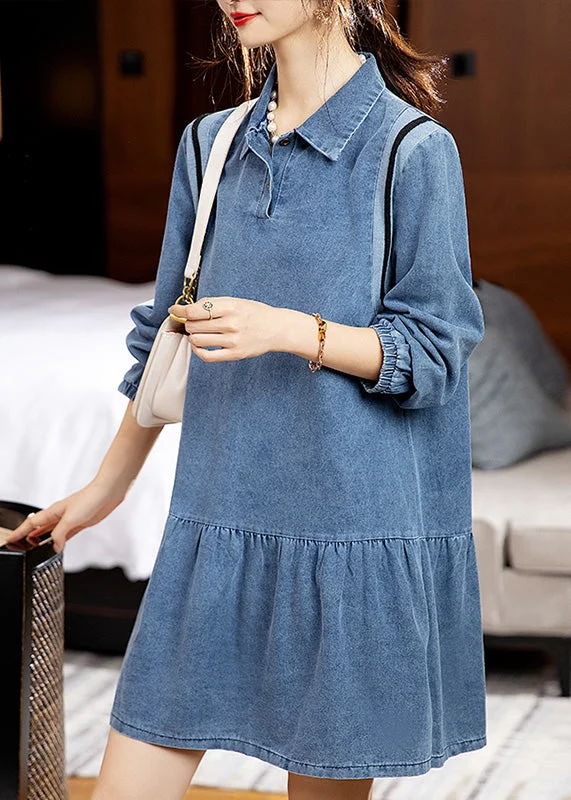 A-line dressLoose Blue Peter Pan Collar Patchwork Denim Mid Dress Fall