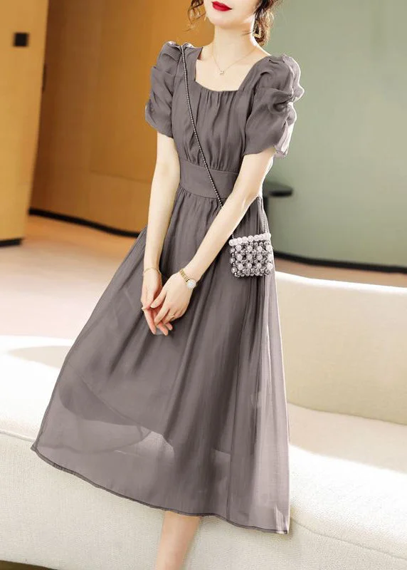 structured dressNew Grey Lace Up Patchwork Chiffon Dress Short Sleeve