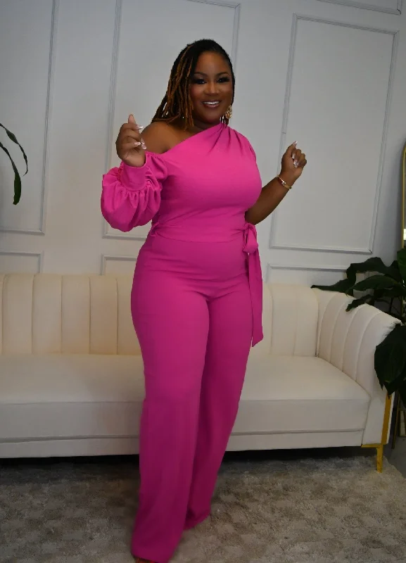 Hot Deal Walk My Way One Shoulder Jumpsuit (Pink)