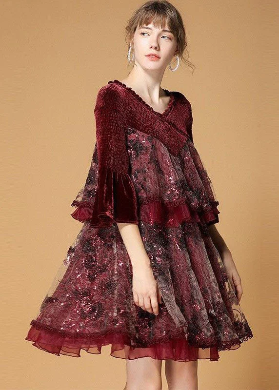 sleek midi dressBeautiful Mulberry V Neck Organza Patchwork Silk Velour Dresses Flare Sleeve