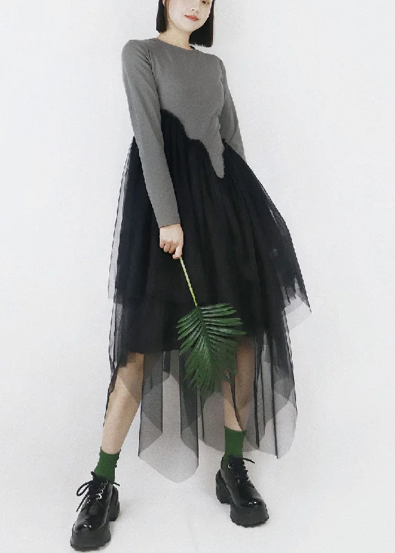 Seasonal Sale evening dressDiy Grey O-Neck Tulle Patchwork Asymmetrical Design Cotton Vacation Dresses Long Sleeve Seasonal Sale evening dressDiy Grey O-Neck Tulle Patchwork Asymmetrical Design Cotton Vacation Dresses Long Sleeve