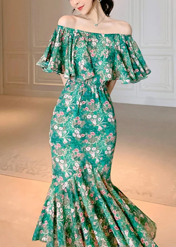 Buy More, Save More floral dressElegant Green Slash Neck Print Long Fishtail Dress Short Sleeve