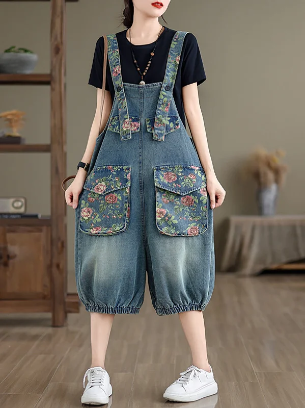 Epic Deals Women Summer Retro Flower Spliced Denim Jumpsuits ZZ1021