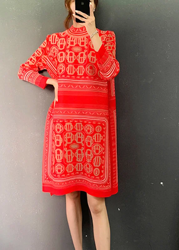 elegant evening dressRed Turtleneck Print Side Open Mid Dresses Long Sleeve