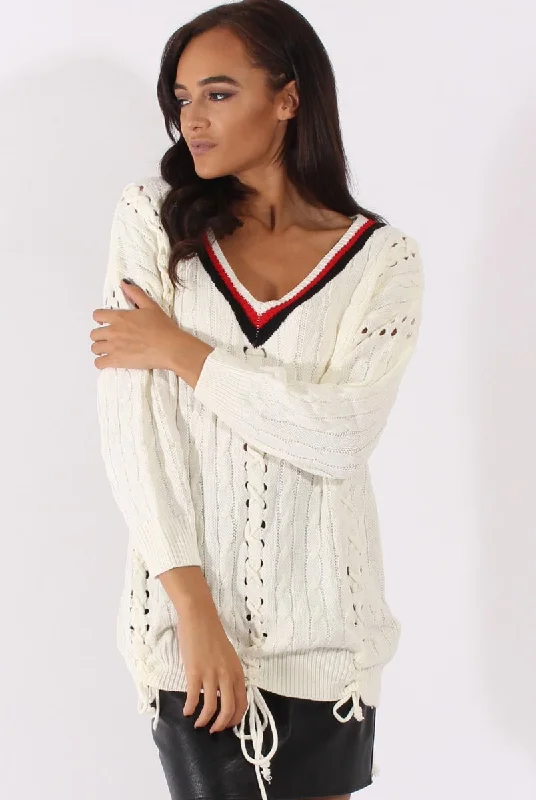 premium pullover sweatshirtWhite Knitted Lace Up Detail Sweater - Yazz