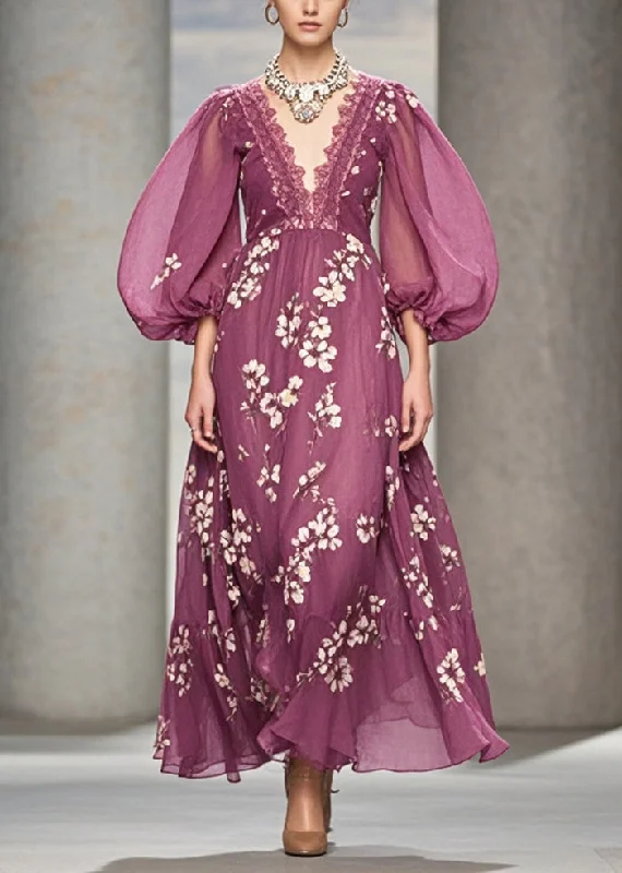 Extra Savings floral wrap dressModern Purple V Neck Print Chiffon Long Dress Puff Sleeve