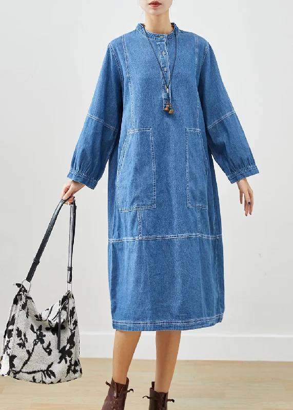 chic shift dressLight Blue Loose Cotton Mid Dress Stand Collar Pockets Fall