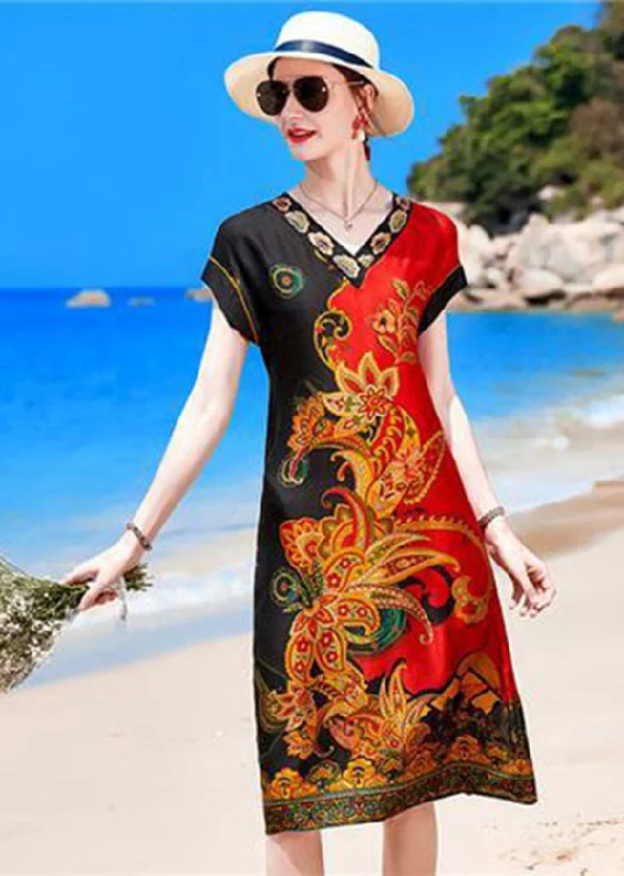 boho dressFrench Red Black V Neck Print Draping Silk Vacation Dress Short Sleeve