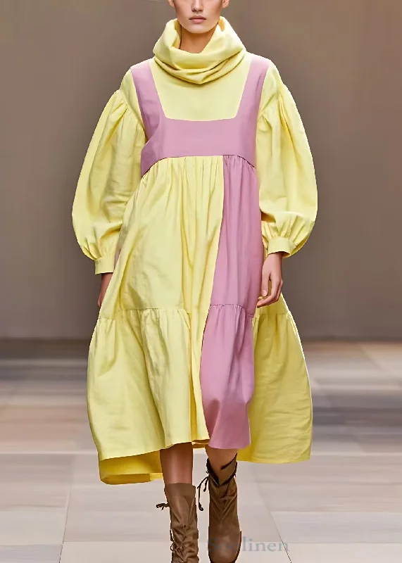 Huge Discounts flowy dressFrench Yellow Turtleneck Patchwork Cotton Dresses Long Sleeve Huge Discounts flowy dressFrench Yellow Turtleneck Patchwork Cotton Dresses Long Sleeve