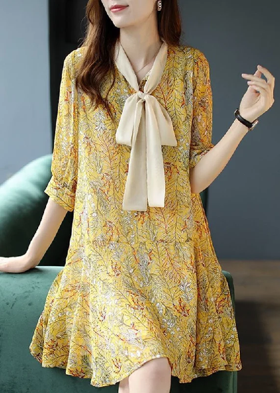 off-the-shoulder dressWomen Yellow Lace Up Patchwork Print Chiffon Party Dress Summer