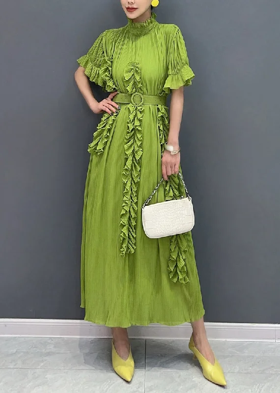 Fantastic Offers cocktail party dressVogue Green Turtleneck Ruffled Wrinkled Maxi Dress Short Sleeve