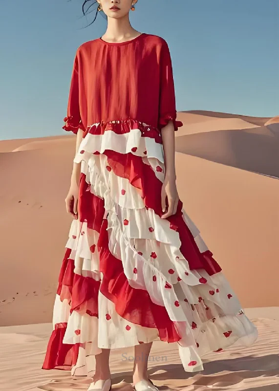 Don't Miss chic shift dressStylish Red O-Neck Ruffled Patchwork Cotton Dress Summer Don't Miss chic shift dressStylish Red O-Neck Ruffled Patchwork Cotton Dress Summer