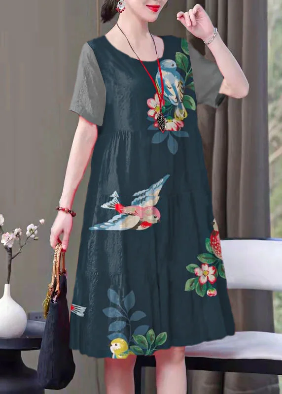 flowy evening dressFrench Blue Bird print Cotton clothes o neck pockets Art summer Dresses