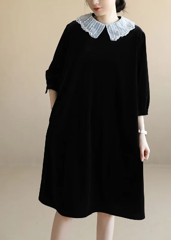 Best Deals statement dressSimple Black Peter Pan Collar Patchwork Velour Maxi Dresses Bracelet Sleeve