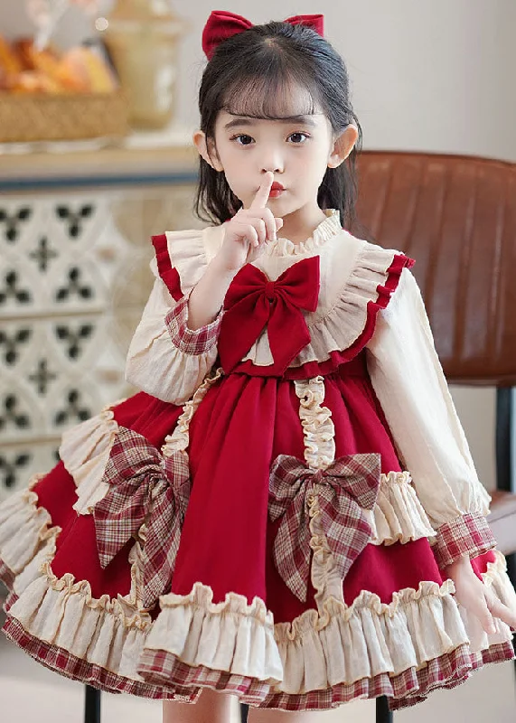 backless dressClassy Red Bow Ruffled Patchwork Kids Mid Dress Long Sleeve