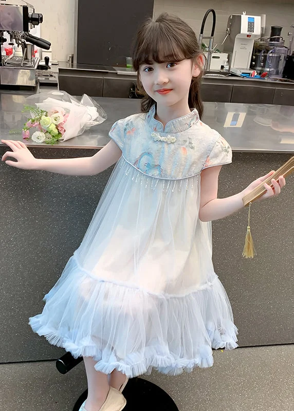 Act Now vintage-inspired dressCute Blue Print Patchwork Tassel Tulle Kids Long Dresses Summer Act Now vintage-inspired dressCute Blue Print Patchwork Tassel Tulle Kids Long Dresses Summer