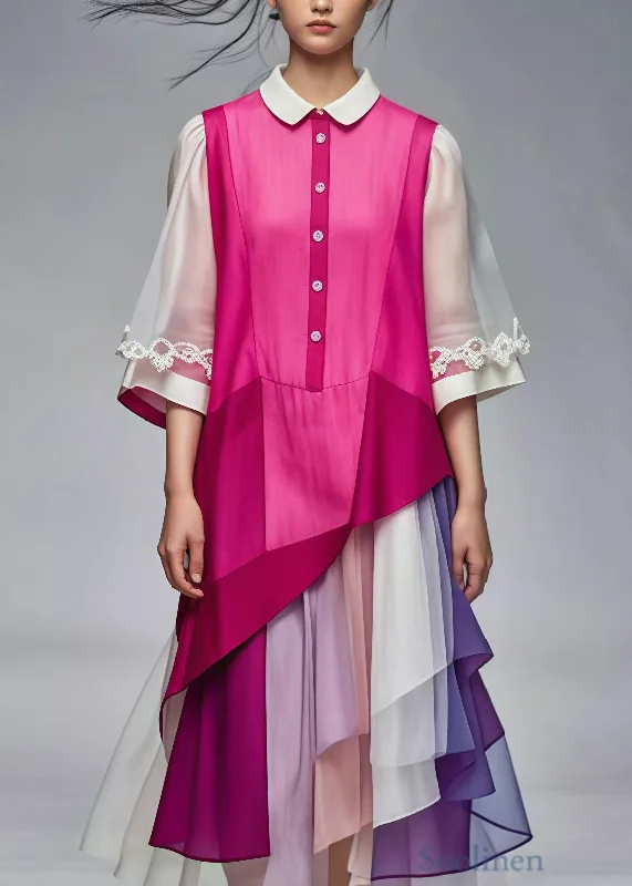 Massive Deals floral dressRose Patchwork Silk Dresses Peter Pan Collar Summer