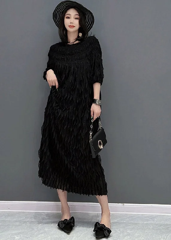 Lowest Prices formal dressBlack O-Neck Wave Silk Long Dress Half Sleeve
