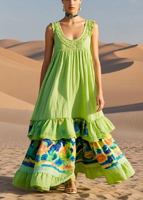 sophisticated dressCasual Grass Green Print Cotton Long Dresses Summer