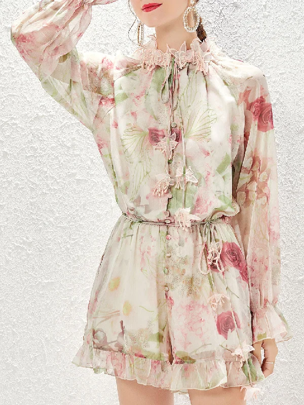Factory Direct Sale Apricot Ruffles Collar Floral Print Long Sleeve Bohemian Jumpsuit Short Romper