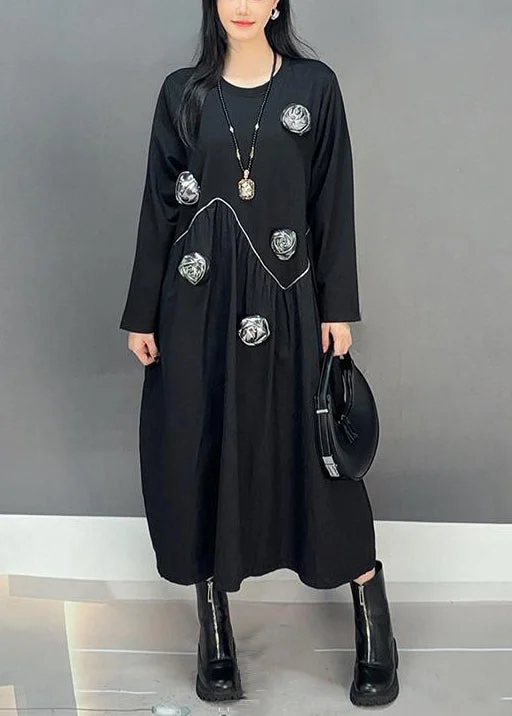 Blowout Sale printed dressLoose Black O Neck Solid Patchwork Cotton Dress Fall