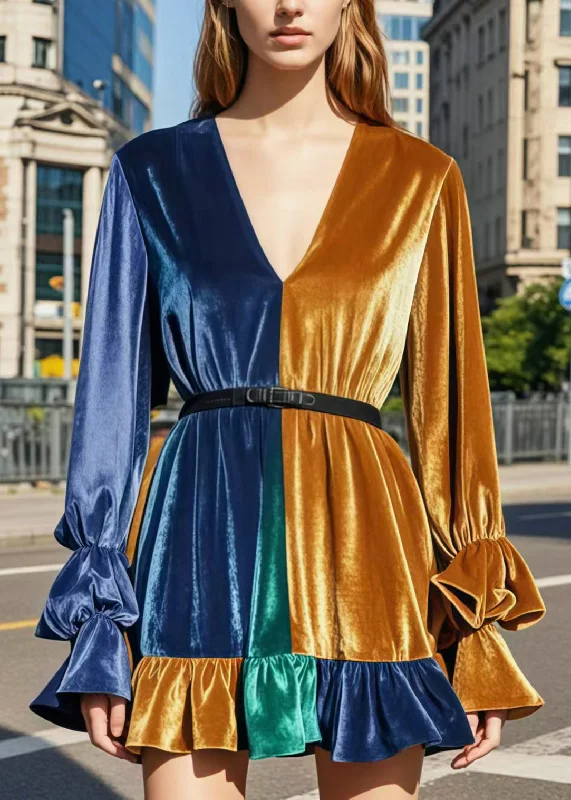 puff sleeve dressItalian Colorblock V Neck Patchwork Ruffled Silk Velvet Mini Dress Spring