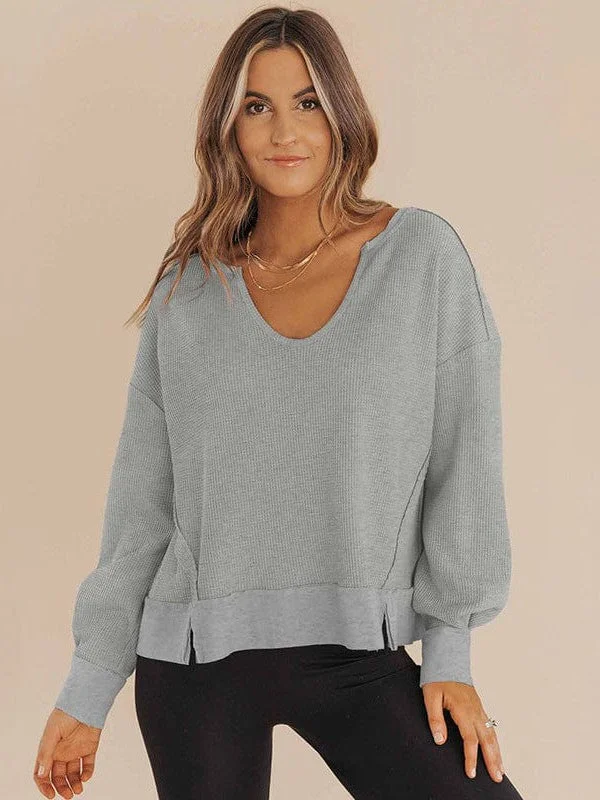 Lowest Price Versatile Long-Sleeve Solid Color Women'S Sweatshirt With Waffle Style And Loose Fit Lowest Price Versatile Long-Sleeve Solid Color Women'S Sweatshirt With Waffle Style And Loose Fit