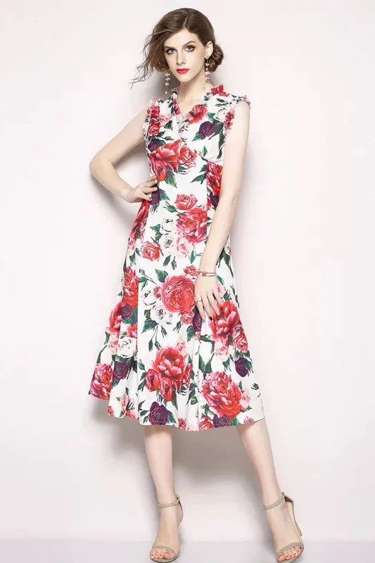 Factory Direct Sale wrap-around dressV Neck Rose Print Dress