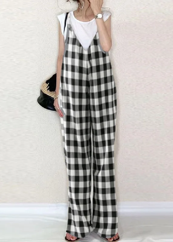 Quick Sale Classy Black White Plaid Oversized Cotton Overalls Jumpsuit Summer LY1320