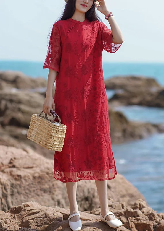 Savings Bonanza casual dressNew Red Embroidered Side Open Dresses Half Sleeve