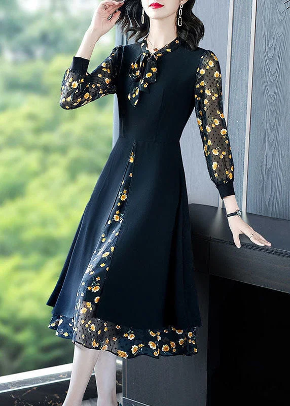 Special Savings fitted bodycon dressBlack Print Chiffon Fake Two Piece Dress Lace Up Side Open Spring