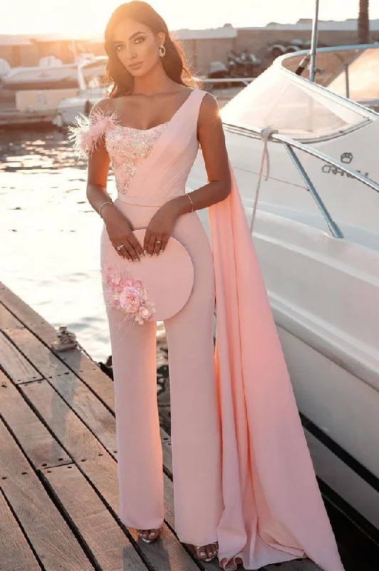Bonus Savings Sweetheart Sheath Sleeveless Slim Jumpsuit Beaded Feather Floor Length with Cape