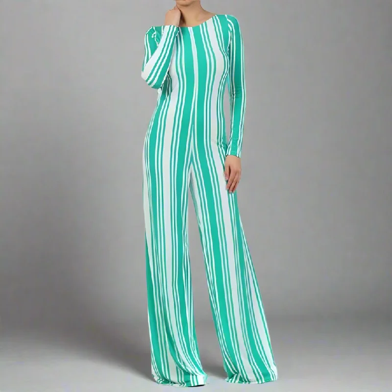Big Savings Long Sleeve Flair Leg Stripe Jumpsuit